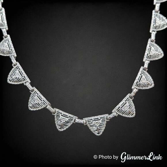 Art Deco P.S. Co. Rhodium Plated Filigree Necklace – 1930s Floral Links 19" - Picture 5 of 14